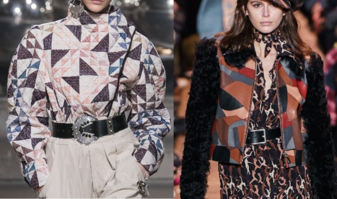 женские брендовые куртки осень-зима 2019-2020 из разноцветных кусков текстиля и кожи