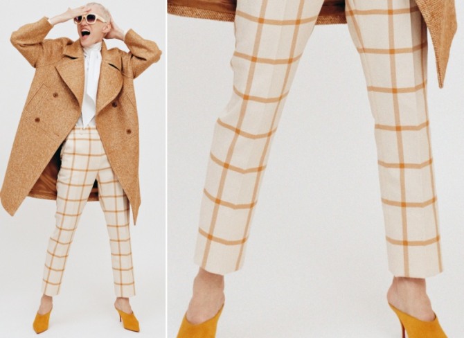 клетчатые женские брюки 2020 в бело-бежевую клетку с бежевым пальто и желтыми мюлями - фото от дизайнерского дома Martin Grant