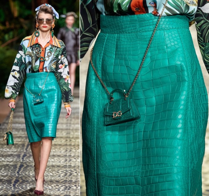 юбка карандаш ниже колена в зеленой цветовой гамме в сочетании с блузкой, сумочкой, солнцезащитными очками и головным шелковым платком