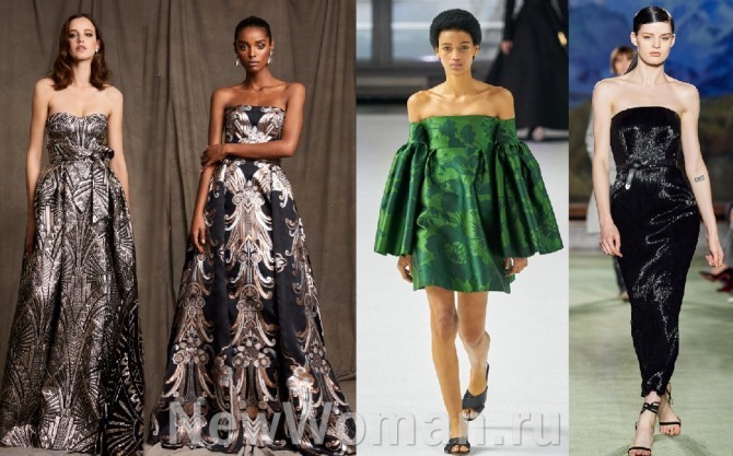 длинные и короткие модели новогодних платьев 2021 года со срезанными плечами - новинки с международных дефиле
