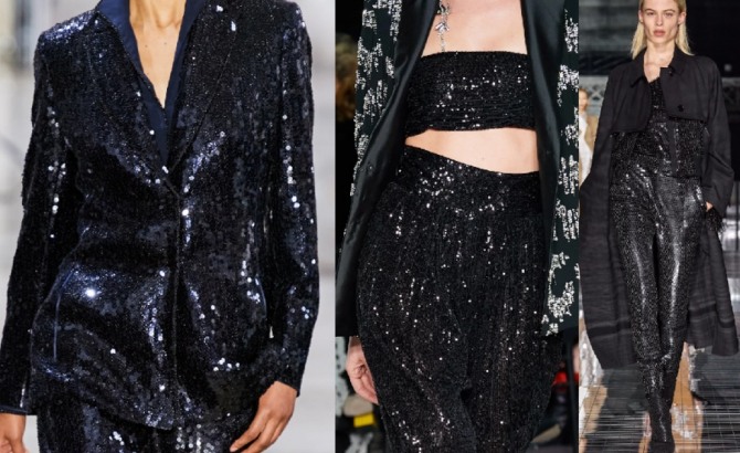 модные луки с мировых подиумов на 2021 год - черные блестящие костюмы из пайеточной ткани