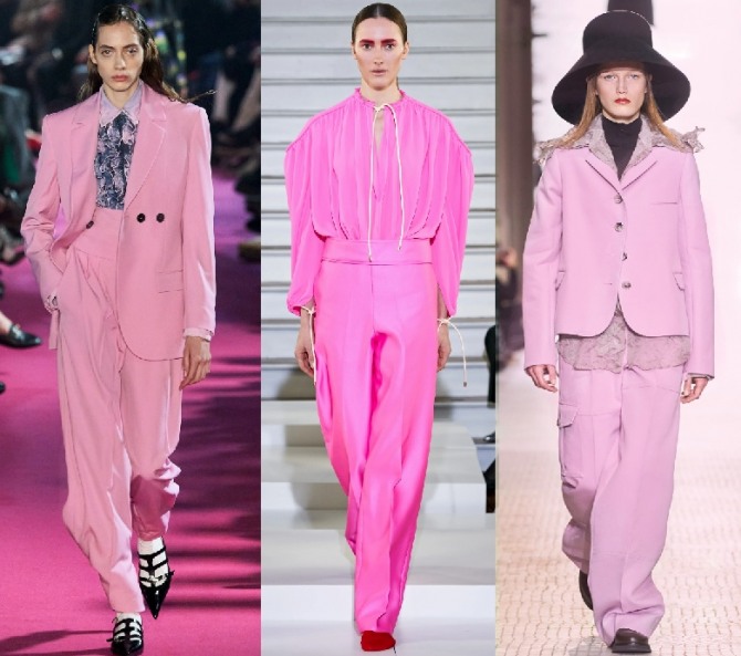 брючные брендовые женские костюмы розового цвета - тенденции в женской моде 2021 года