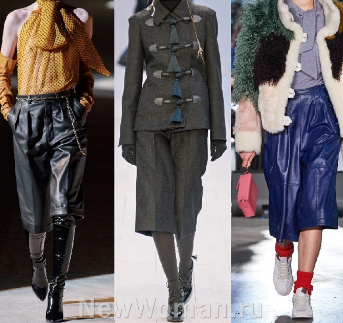 модные тенденции в зимней и осенней женской одежде 2021 года - юбка-брюки (кюлоты) из кожи и шерстяной ткани