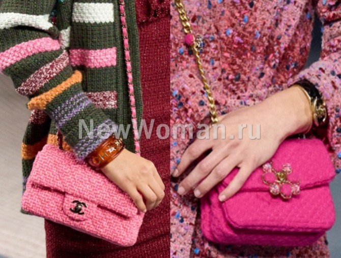 сумки Chanel 2023 года с клапаном - в розовой цветовой гамме из твида в виде кросс-боди с флэп застежкой
