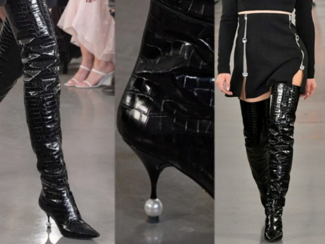 черные ботфорты с тиснением под кожу крокодила - фото с модных показов нв 2023 год - Giambattista Valli (итальянский бренд на Парижской неделе моды)