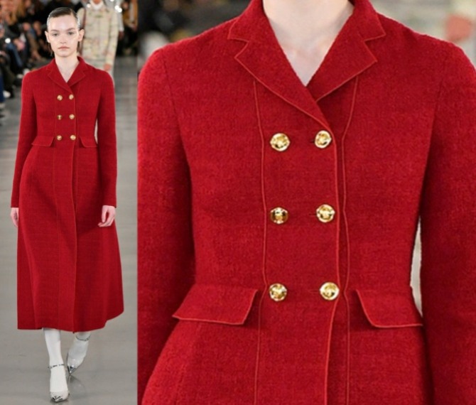 пальто в стиле принцесс миди длины насыщенного красного цвета, двубортное, с английским воротником