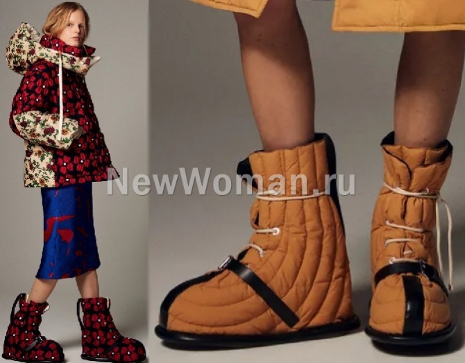женские зимние дутые и стеганые сапоги 2023 года на шнуровке от бренда Moncler (Италия) 