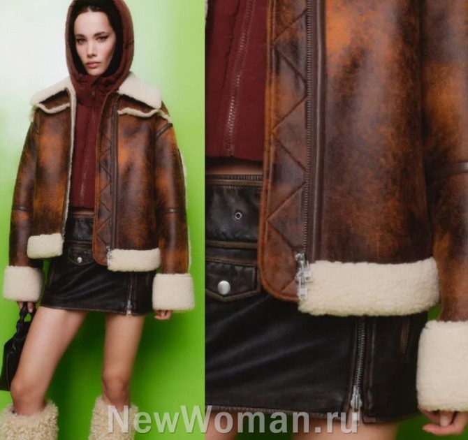 с чем носить коричневую женскую короткую куртку-дубленку в сезоне осень-Зима 2024 года
