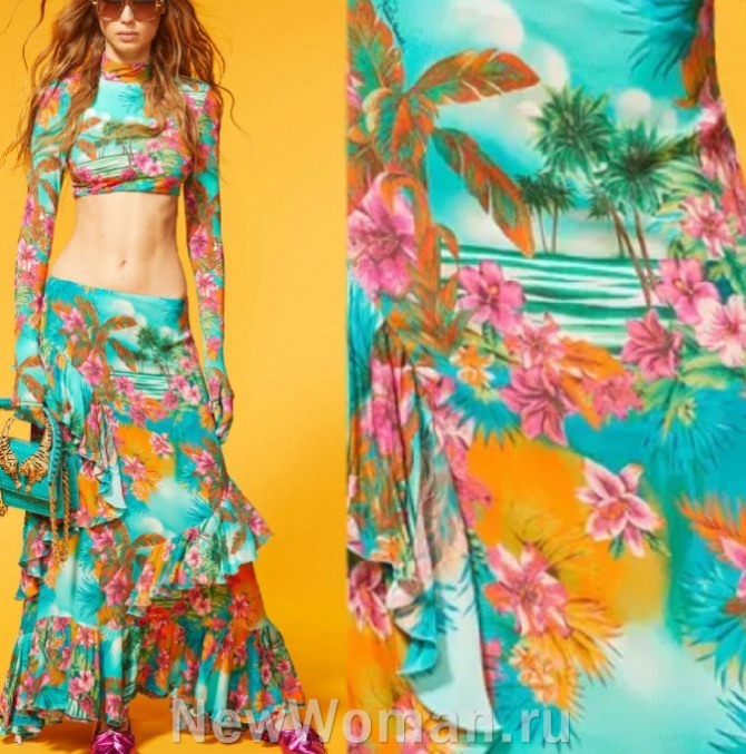 женский костюм весна-лето 2024 с тропическим принтом и длинной юбкой с волнами