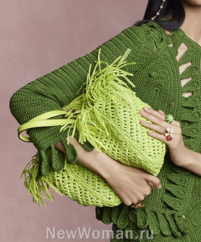 женская весенняя сумка 2025 года из пряжи салатового цвета с бахромой