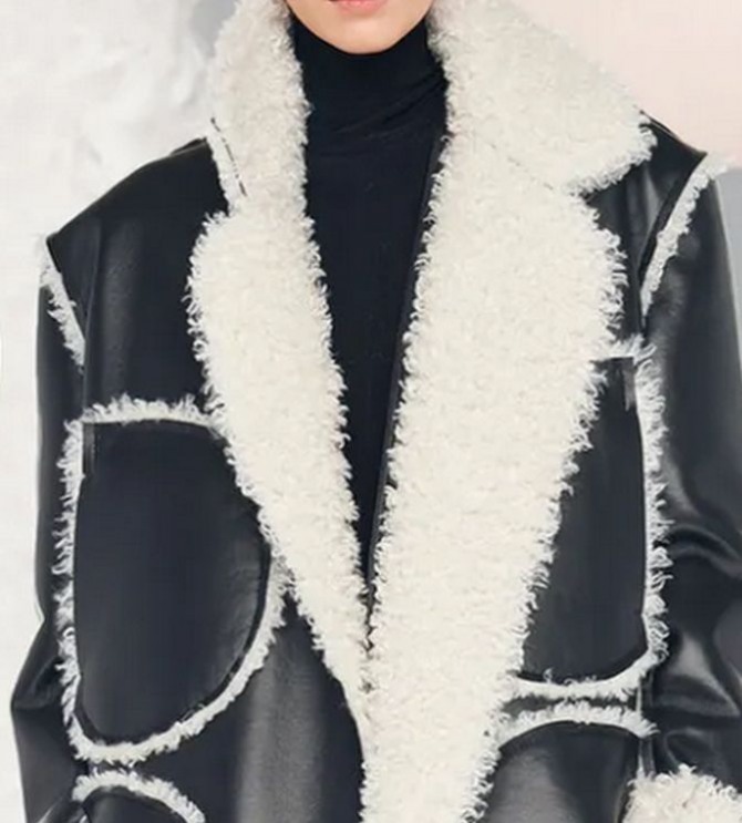 черное женское кожаное пальто с отделкой из белого меха