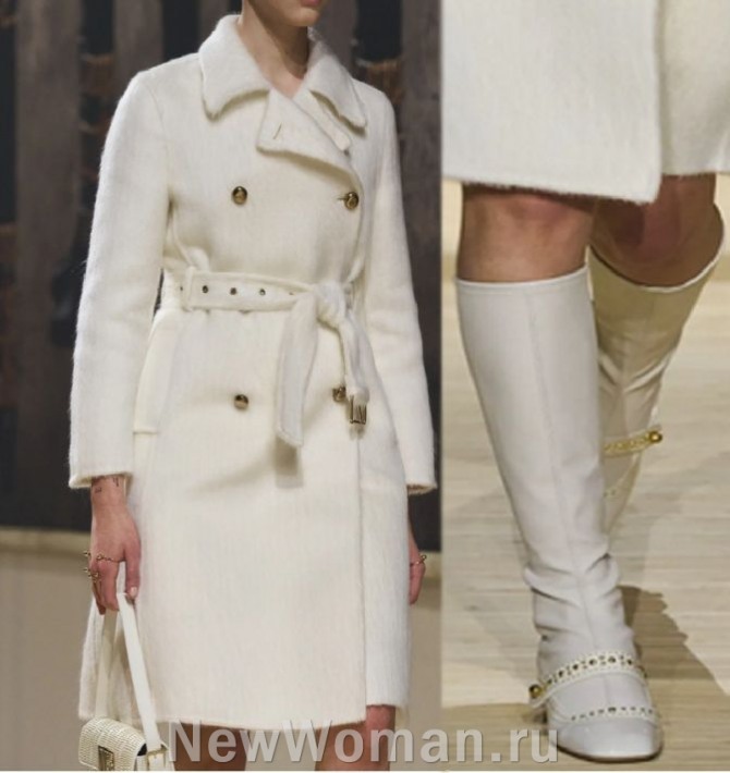 белое кашемировое женское пальто-шинель до колена с двубортной застежкой на металлические пуговицы