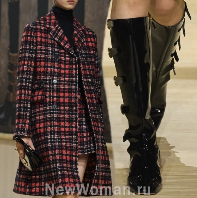 женское твидовое пальто до колена с клеткой тартан